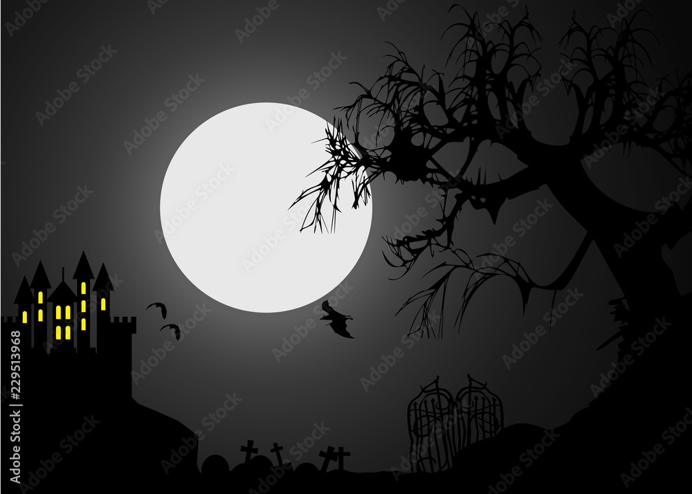 Halloween vector illustration black and white scene with moon, bat and tree