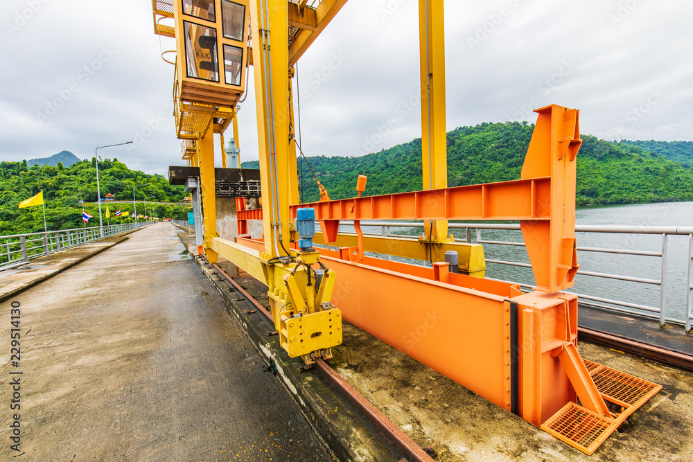 The machine for drainage from the dam to prevent flooding. Khun Dan Prakarnchon Dam, Thailand. The machine for drainage from the dam to prevent flooding. Khun Dan Prakarnchon Dam, Thailand.