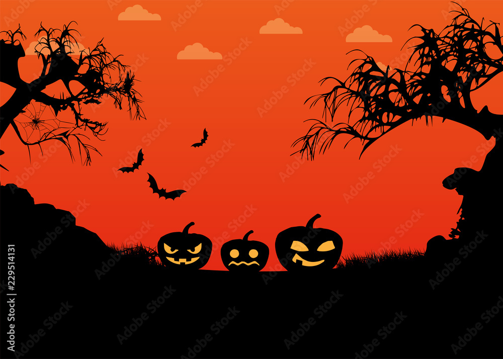 Halloween pumpkins, bat and spider on the cemetery with orange background.