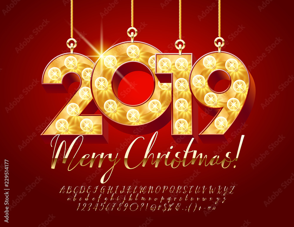 Naklejka premium Vector Greeting Card for Merry Christmas with Golden Glowing Lamp Toys 2019. Stylish Calligraphic Font.