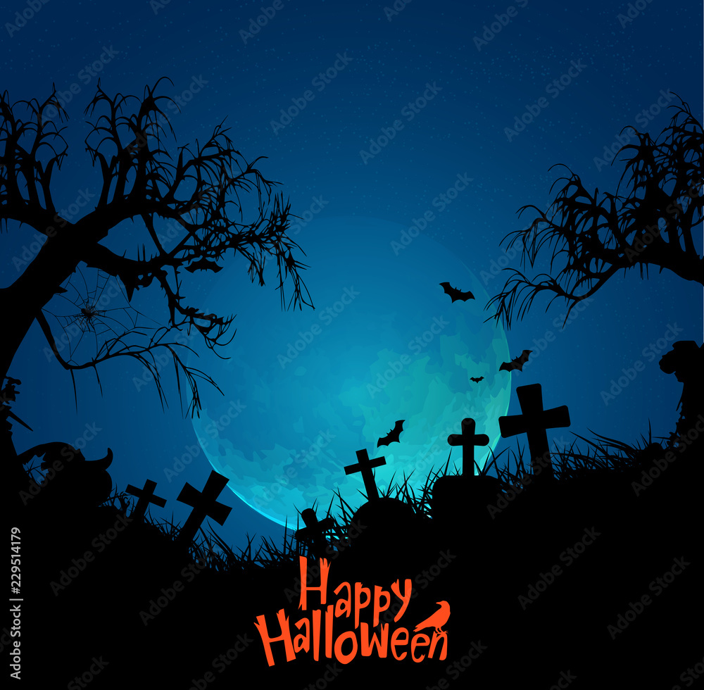 Halloween pumpkins and dark crosses on blue Moon background