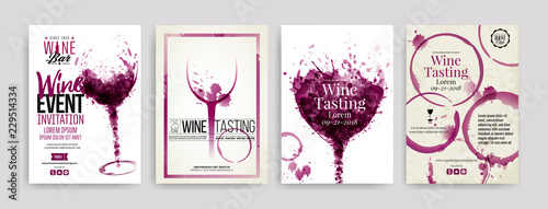 Collection of templates with wine designs. Brochures, posters, invitation cards, promotion banners, menus. Wine stains, drops. illustrations of wine glasses.