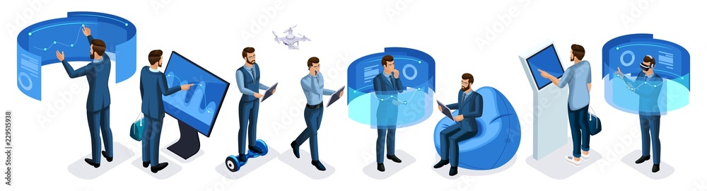 Isometric set business men with gadgets, create your character, a set of emotions, gestures of hands, feet, hairstyles