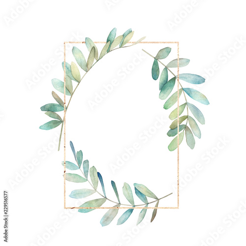 Watercolor floral card with eucalyptus branch. Hand drawn summerl illustration. Geometric wedding frame photo