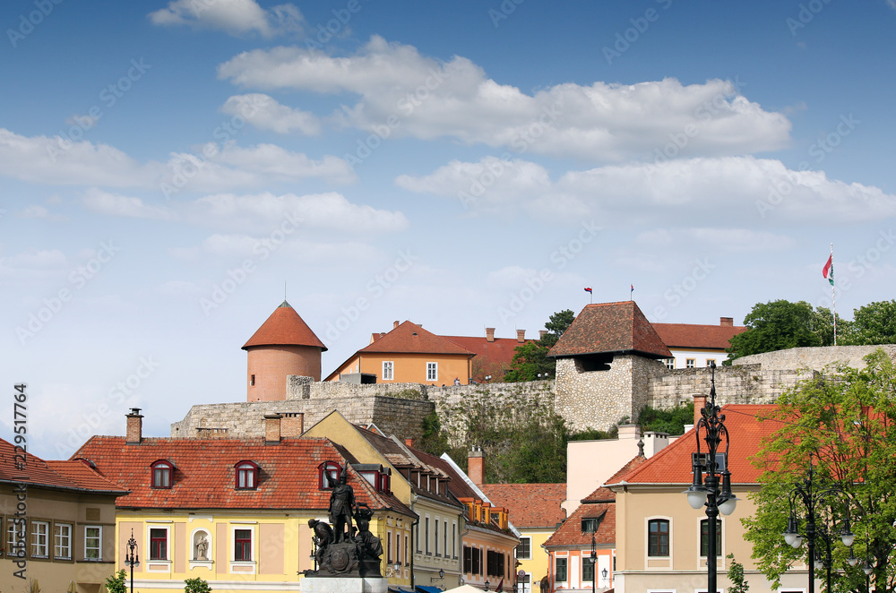 Dobo Istvan monument cityscape Eger Hungary Dobo Istvan monument cityscape Eger Hungary