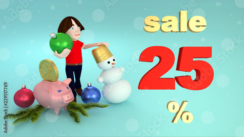 New Year and Christmas sales twenty five percent. 3D rendering