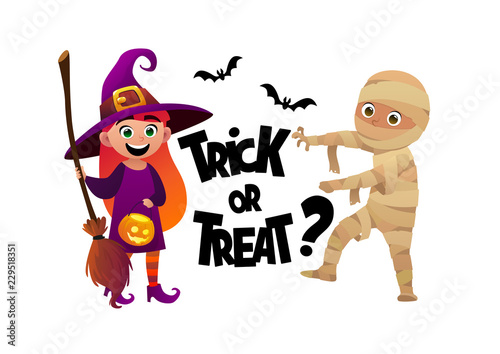 Cartoon children witch and mummy costume trick or treat background