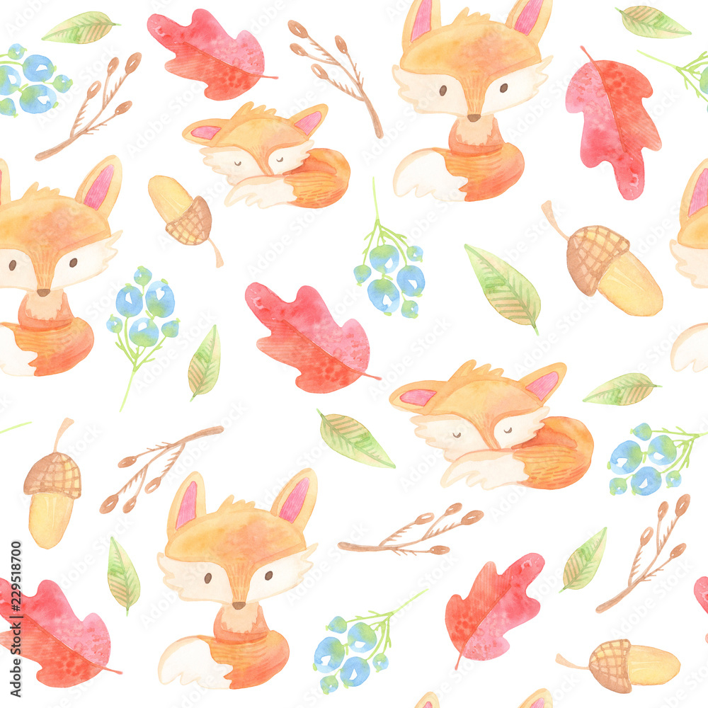 cartoon seamless pattern. watercolor illustration. autumn, harvest, leaves, baby fox, mushrooms, berries, oak on white background cartoon seamless pattern. watercolor illustration. autumn, harvest, leaves, baby fox, mushrooms, berries, oak on white background