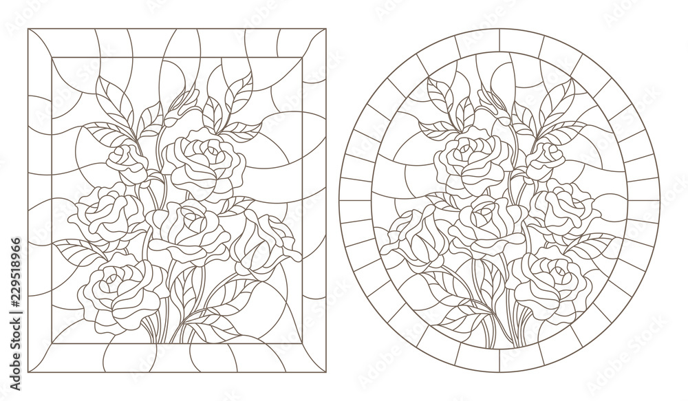 A set of contour illustrations of stained glass Windows with rosees in frames, dark contours on a white background, oval and rectangular image A set of contour illustrations of stained glass Windows with rosees in frames, dark contours on a white background, oval and rectangular image