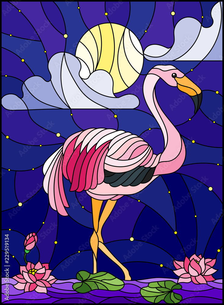 Fototapeta premium Illustration in stained glass style with Flamingo , Lotus flowers and reeds on a pond in the moon, starry sky and cloud