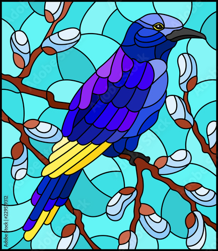 Illustration in stained glass style with a bright blue bird on willow branches against the sky