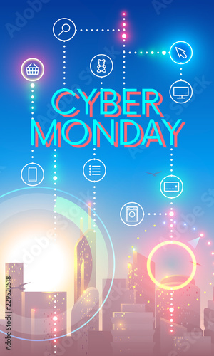 Cyber Monday concept banner in futuristic style. City landscape in sun rays. Icons of internet or online store connection each other. Sign of discounted event. Vector web doodle.
