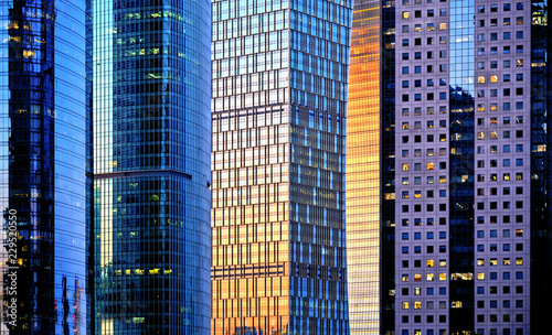Photography shanghai futuristic modern architecture and reflections on windows of sunset war