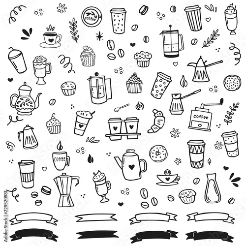 Hand drawn coffee clipart collection. Sketch style vector illustration.Outline contour drawing