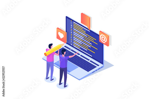 Coding, Software development, programming isometric concept, program code on screen, big data processing, computing. Landing page templete. © Andrii Symonenko