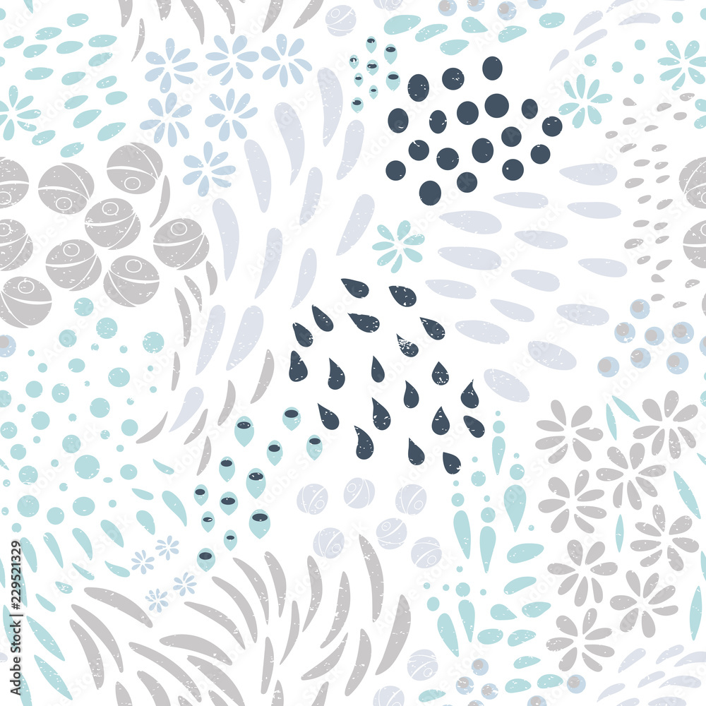 Leaves, flowers and stylized floral elements background. Vector seamless abstract ditsy pattern with botanical motiffs. - obrazy, fototapety, plakaty 