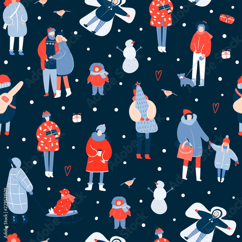 Winter leisure. Various people. Hand drawn colored vector seamless pattern. Dark background