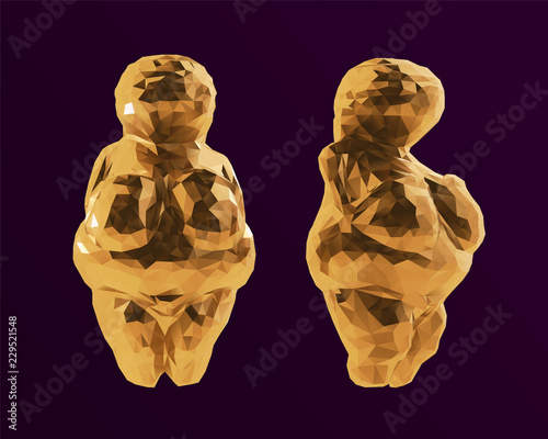 Golden Stone Age Venus of Willendorf. Isolated Illustration, Vector 3D Rendering