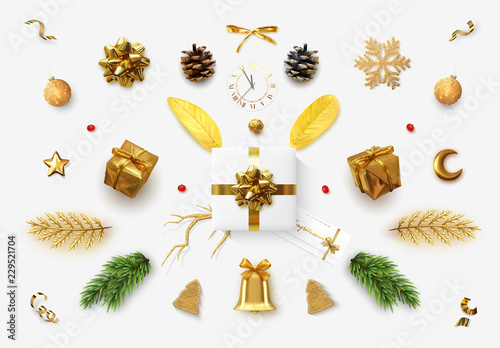 Set realistic Christmas objects for your design isolated on white background. Elements gift box, lush bows, pine branches, pine cone, decorative snowflake, xmas ball and confetti, bells, and old watch