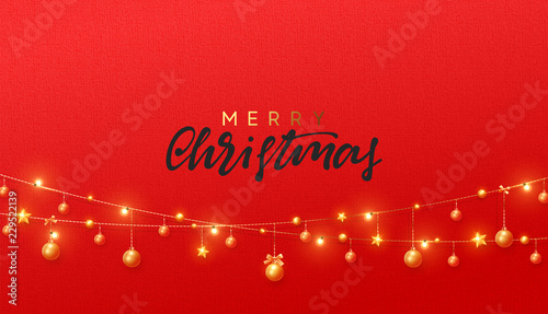Merry Christmas and Happy New Year. Gold garlands with balls and stars realistic. Golden Xmas decor. Festive design background