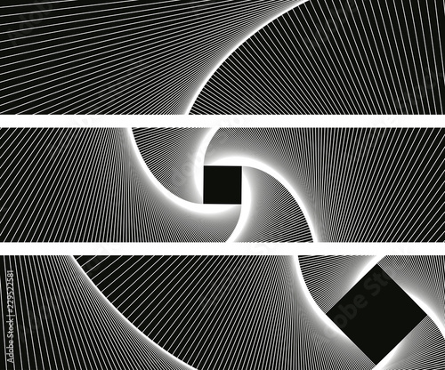 graphic abstract banners with linear vortex pattern in silver shades