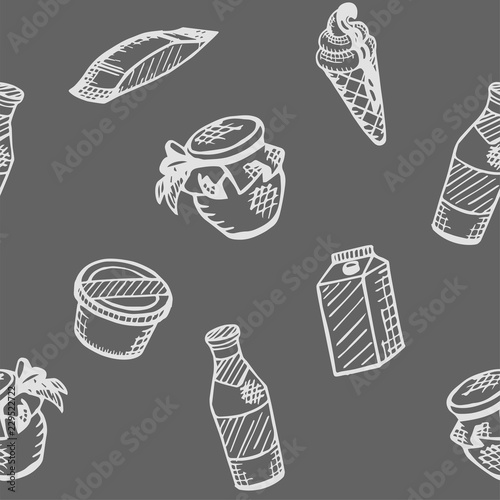 Food theme, seamless pattern. Dairy products. Milk, ice-cream, yoghurt, butter, sour-cream etc. Vector background, texture, illustration.