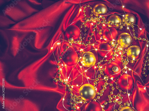 Christmas and New Year holidays background, Christmas composition with balls, gifts and decorations