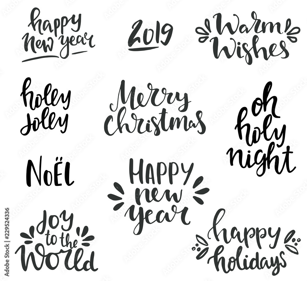 Winter holidays lettering set. Hand written Merry Christmas and happy new year lettering and typography collection. Isolated black on white phrases