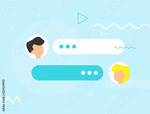 New Chat messages notification on blue backdrop. Flat design illustration vector bubbles, geometric elements on screen, person chatting, online support, Internet virtual assistant concept