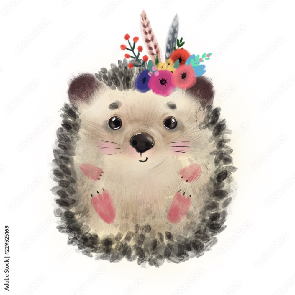 Obraz Cute hedgehog with flowers. Watercolor illustration