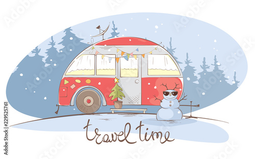 Winter travel in a house on wheels / Funny red house on wheels in the Christmas forest, vector illustration