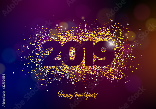 2019 Happy New Year illustration with shiny sparkling number on dark background. Holiday design for flyer, greeting card, banner, celebration poster, party invitation or calendar.