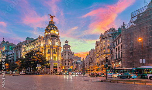 Madrid city skyline gran via street twilight , Spain photo