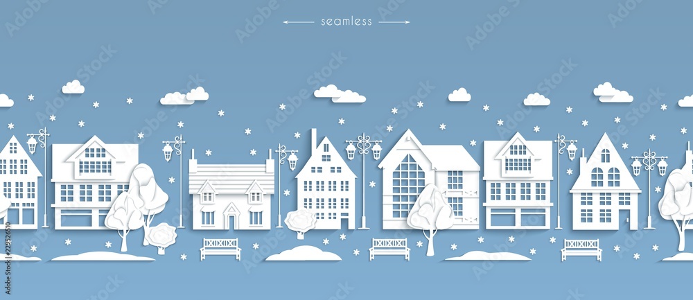 Seamless winter street, white paper buildings, Scandinavian style, vector