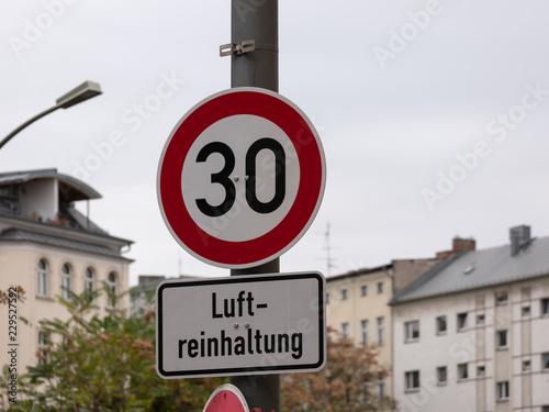 Traffic Sign Speed Limit 30 For Luftreinhaltung, Meaning Air Pollution Control In German Language, In Berlin, Germany photo