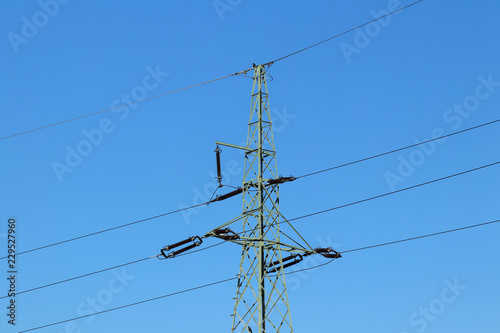 Electrical network of high voltage. Transportation of electricity through the high-voltage line. Metal tower with wires and cables. Clean country energy. Energy security. Work at height. Training matt