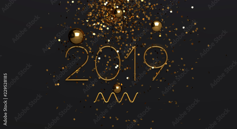 2019 golden numbers and glitter on black background. New year. 3D render