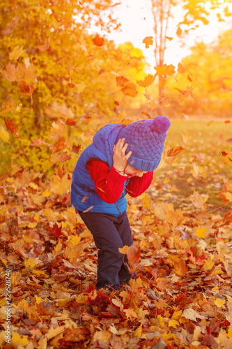 Child in autumn park. Happy adorable boy with fall leaves. The concept of childhood, family and kid laughs outdoors. 