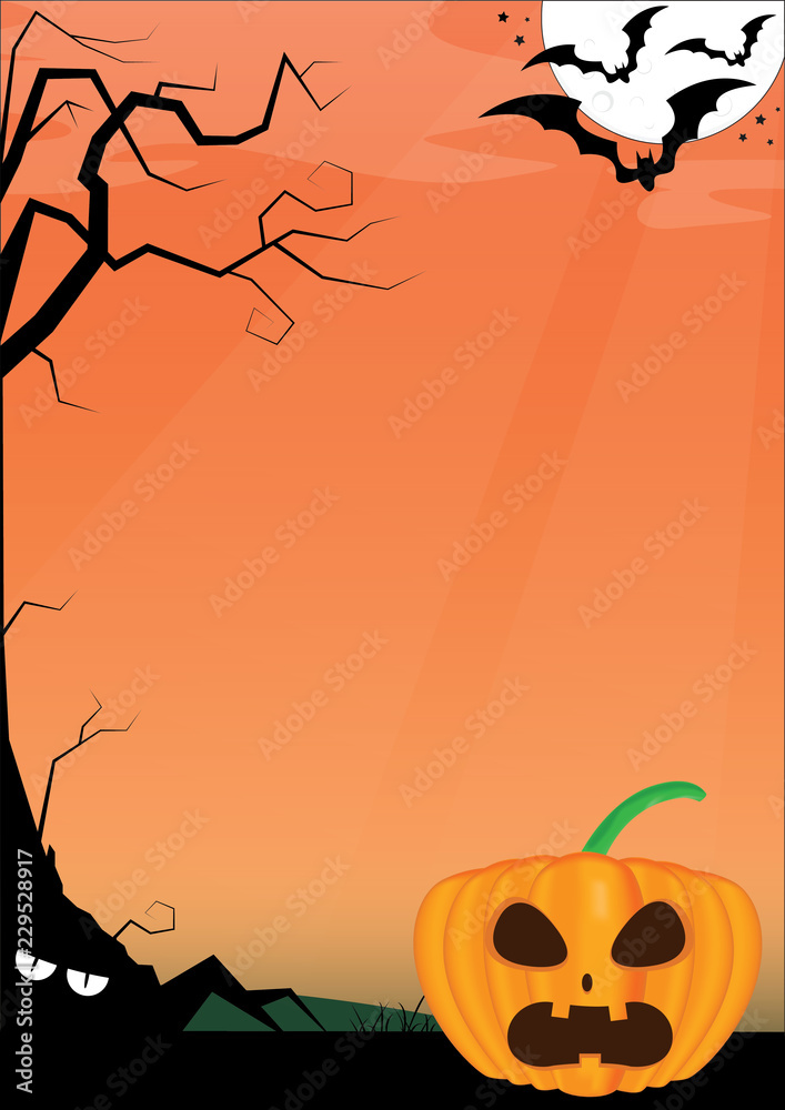 Pumpkin Halloween  wallpaper, scary background with tree, shadow moster and vampire bat