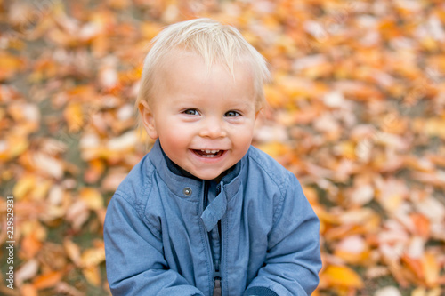 Close portrait of a sweet smiling toddler baby boy in autumn park