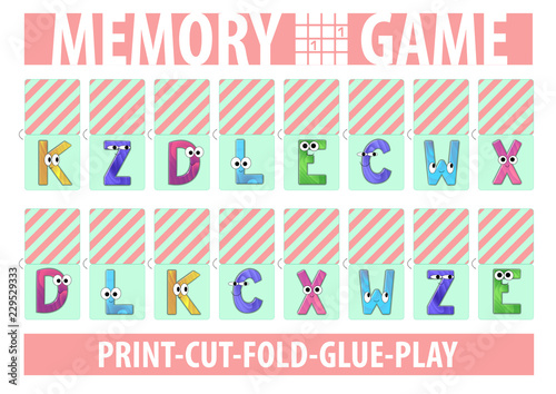 Memory card game. Letters. Alphabet. Printable A4 horizontal album page. Vector