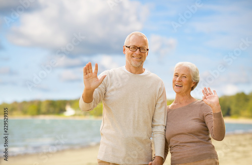 old age, retirement and people concept - happy senior couple waving hands over beach background