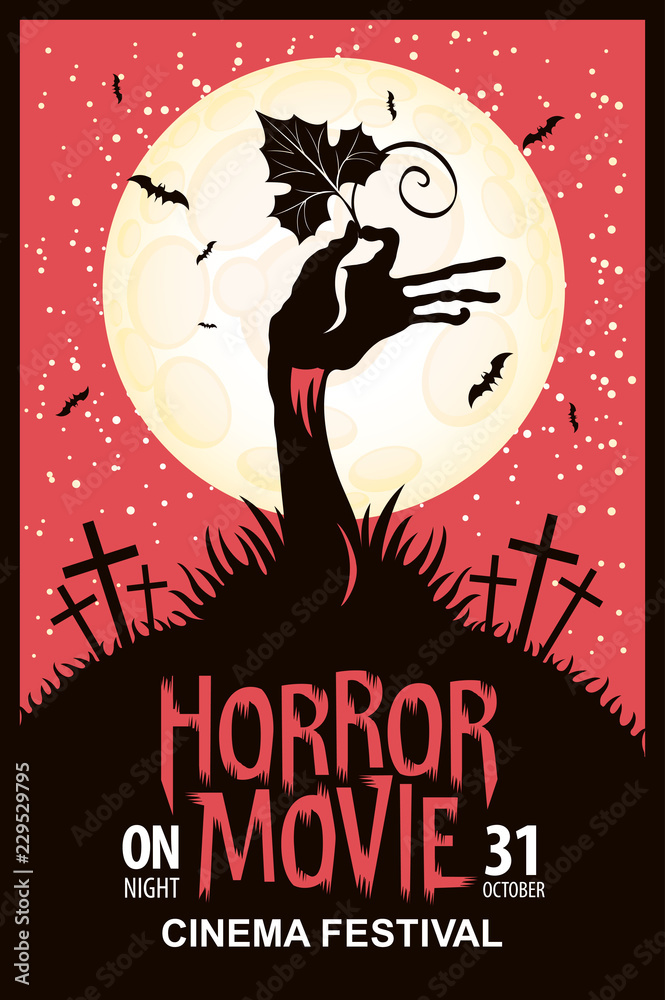 Naklejka premium Vector poster for a festival of horror movie with a creepy zombie hand and a pumpkin leaf on a cemetery on a moonlit night. Scary cinema. Can be used for ad, banner, flyer, web design