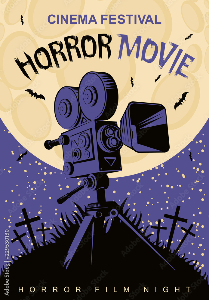 Fototapeta premium Vector poster for a festival of horror movie with an old film projector on a cemetery on a moonlit night. Scary cinema. Can be used for ad, banner, flyer, web design