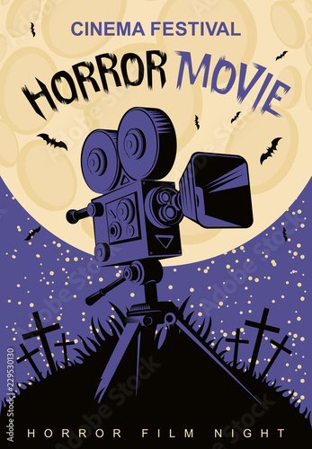 Vector poster for a festival of horror movie with an old film projector on a cemetery on a moonlit night. Scary cinema. Can be used for ad, banner, flyer, web design