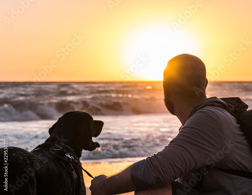 A man and his dog watching the sunrise at the beach.