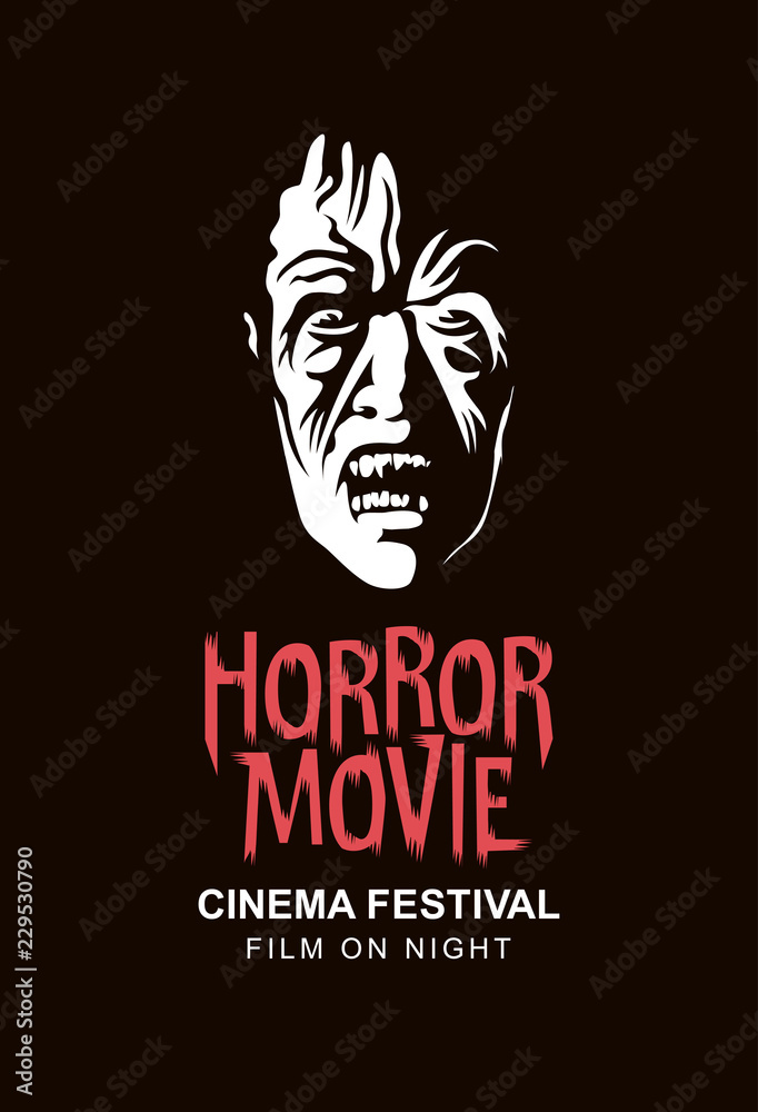 Fototapeta premium Vector banner or poster for horror movie festival with the face of a creepy zombie on a black background. Scary cinema. Horror film night. Can be used for advertising, banner, flyer, web design