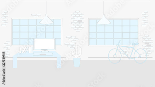 Blue white style loft creative interior. Atelier, home, office, work space with bike, computer, crossed windows, books, cactus, backpack.  Design creative background, Sketch style, pastel colors.