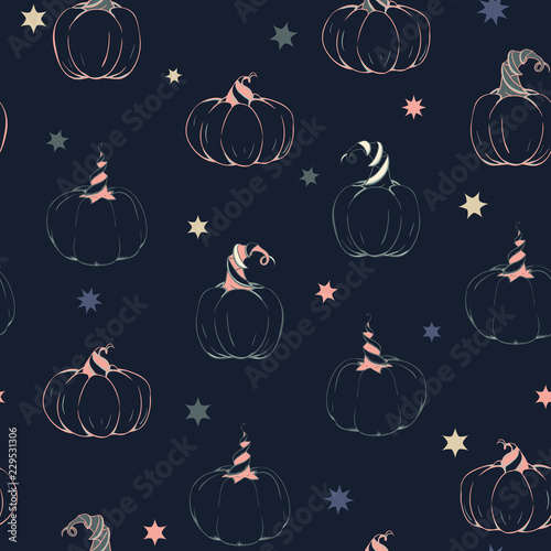 Vector Magical Chalkpaint Pumpkins with Stars seamless pattern background. Perfect for fabric, scrapbooking and wallpaper projects. photo