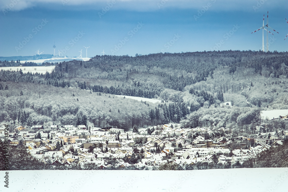 Panoramic view of Steinheim near Heidenheim in Germany on a snowy winter day